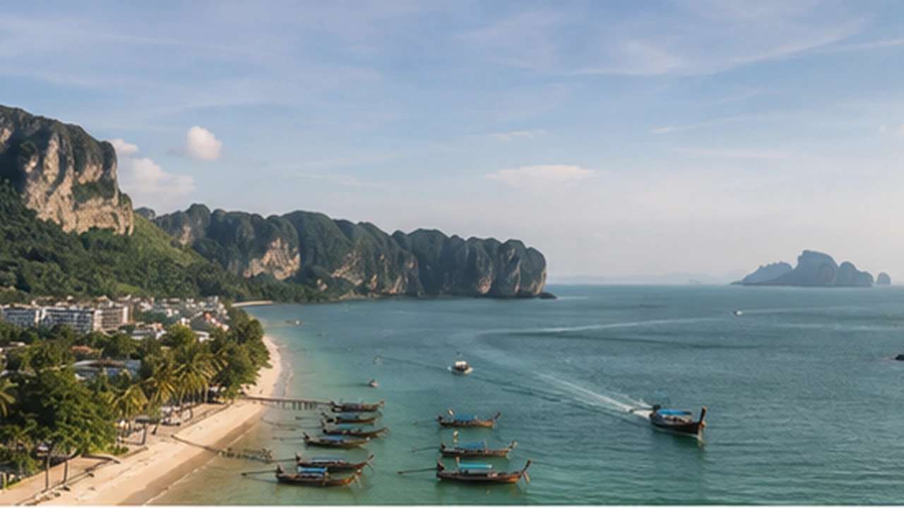 ชายหาดอ่าวนางและเรือหางยาวในทะเลอันดามัน